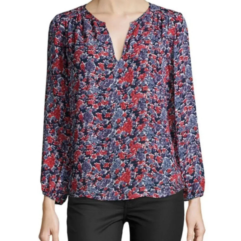 JOIE Odelette Long Sleeve V-Neck Red Blue Floral Print Blouse Size XS